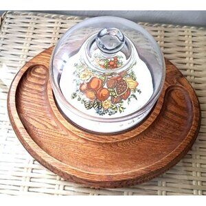 MCM VTG Wood Cheese Board Glass Dome Tray Charcuterie Spice of Life Pattern
